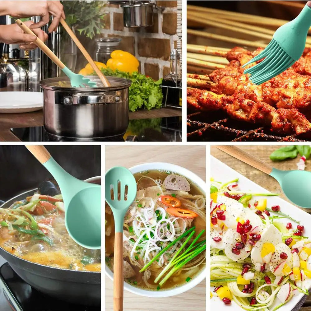 LMETJMA Silicone Cooking Utensils Set - 446°F Heat Resistant Kitchen Utensils Set Turner Tongs Spatula Spoon Brush Whisk JT888