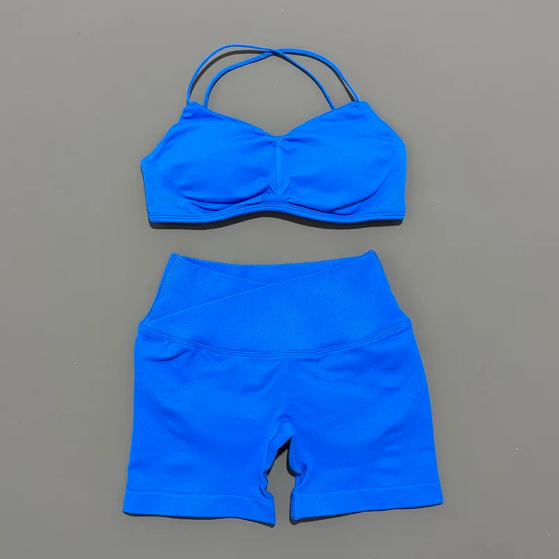 2 Piece Vision Gym Set Women Yoga Crop Top High Waist Scrunch Seamless Shorts Fitness Bra Sport Suit Sportswear Workout Set