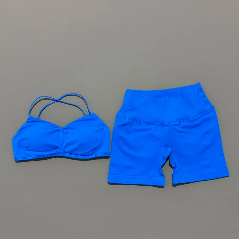 2 Piece Vision Gym Set Women Yoga Crop Top High Waist Scrunch Seamless Shorts Fitness Bra Sport Suit Sportswear Workout Set
